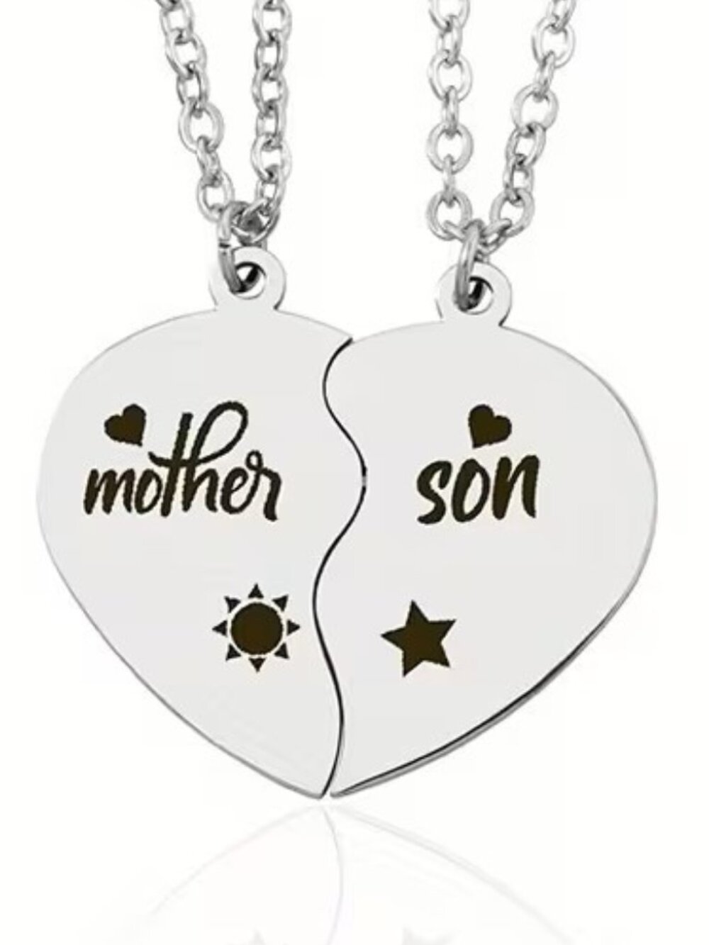 Mother Son Silver Split Heart Necklace Set Matching Mom Kids Love Gift Jewelry
